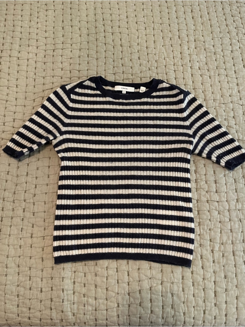 Vince 100% Cashmere Grey and White Striped Ribbed Knit Tee